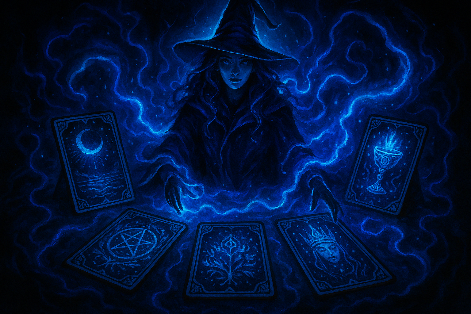 cartes oracles et une sorciere couleur electrique bleu mystique 